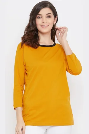 Hypernation Women Yellow Solid Round Neck Pure Cotton T-shirt