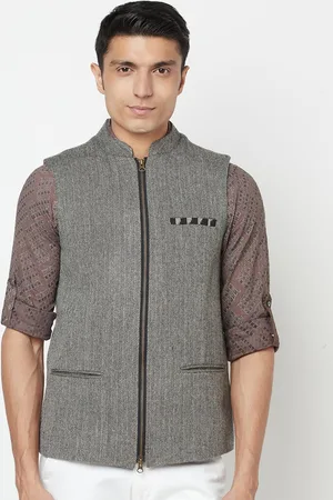 Fabindia Men Grey Woven Design Pure Wool Nehru Jacket