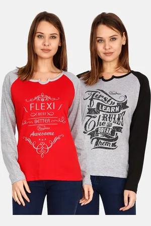 Fleximaa Women Grey & Red Typography Set Of 2 Printed Cotton T-shirt
