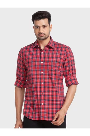 ColorPlus Men Red Tailored Fit Tartan Checks Organic Cotton Casual Shirt