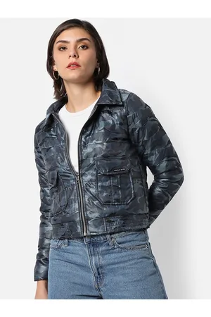 Campus Women Blue Camouflage Striped Windcheater Crop Outdoor Bomber Jacket