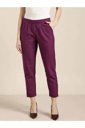 Jaipur Women Wine-Coloured Regular Fit Solid Cropped Trousers