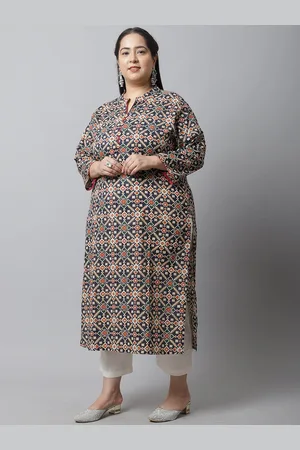 Rajnandini Women Plus Size Navy Blue Ethnic Motifs Printed Keyhole Neck Kurta