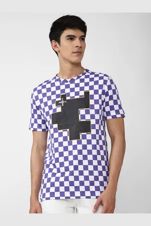 Forever 21 Men Purple & White Checked Cotton T-shirt