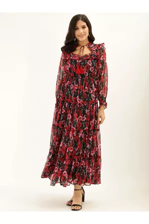 Antheaa Women Black & Pink Floral Print Tiered Maxi Dress