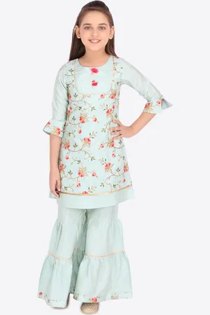 CUTECUMBER Girls Green & Pink Embroidered Kurti with Sharara
