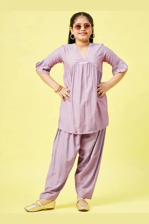 Stylo Bug Girls Purple Layered Kurti with Dhoti Pants
