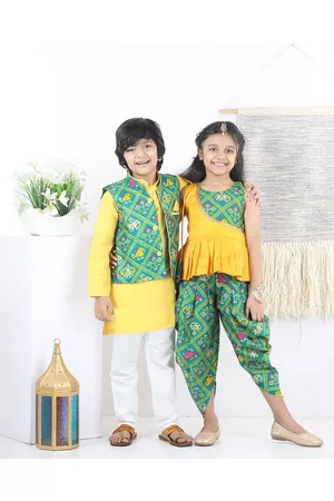 BownBee Girls Yellow Printed Regular Top with Dhoti Pants