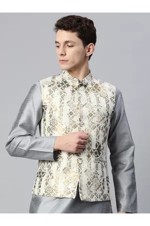MANQ Men Woven Design Jaquard Silk Nehru Jacket
