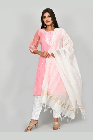 Kesarya Women Pink Yoke Design Thread Work Kurta with Trouser & Dupatta