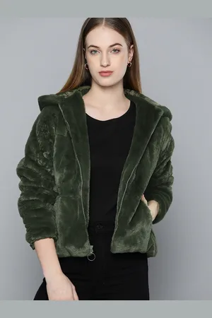 Chemistry Women Olive Green Solid Fur Sherpa Jacket