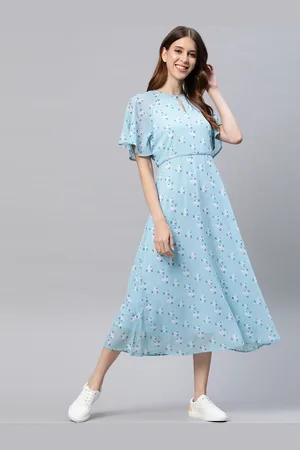 Mast & Harbour Blue & White Floral Keyhole Neck A-Line Midi Dress