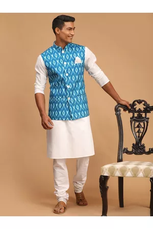 Vastramay Men Ethnic Ikkat Printed Nehru Jacket with solid Kurta with Churidar Set
