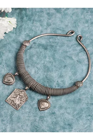 Veni Women Silver-Toned Brass Oxidised Hasli Choker Necklace