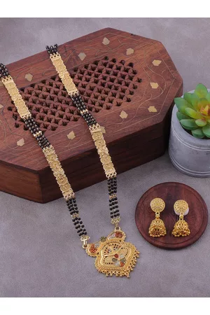 Brandsoon Black Gold-Plated Beaded Mangalsutra With Earrings