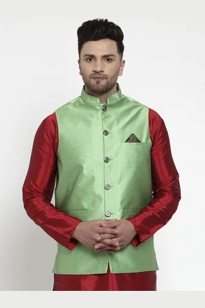 Jompers Men Green Woven Design Nehru Jacket