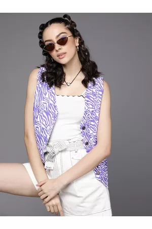 Sassafras Women Purple & Off-White Abstract Print Waistcoat