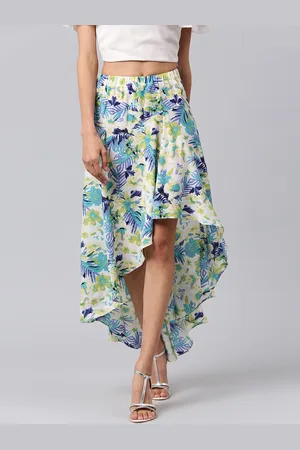 ATHENA White & Blue Floral Printed Knee-Length Skirt