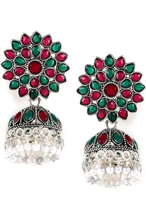 Jazz and Sizzle Women Silver-Toned & Red Floral Jhumkas Earrings
