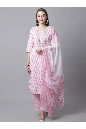 Rajnandini Women White Embroidered Pure Cotton Kurta with Trouser & With Dupatta Set