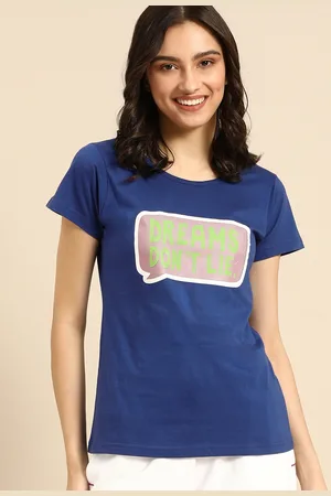 Clt.s Women Blue Printed Cotton Boyfriend Fit Lounge T-Shirt