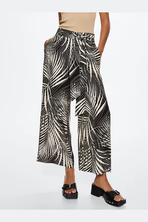 MANGO Women Black Tropical Printed Culottes Trousers Comes with a Belt