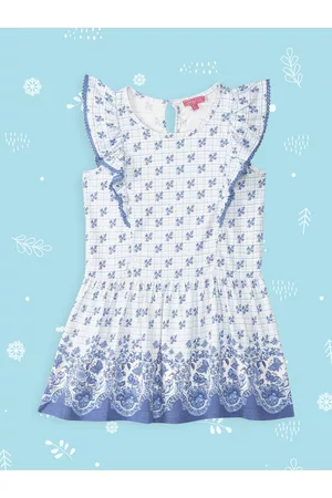 Biba White & Blue Floral Printed Fit & Flared Dress