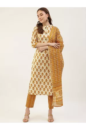 FIORRA Women Mustard Yellow Ethnic Motifs Printed Pure Cotton Kurta with Trousers & With Dupatta