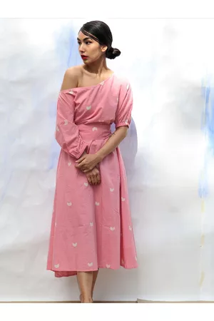 Chidiyaa Women Pink One Shoulder Cotton Maxi Midi Dress