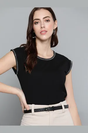 Chemistry Women Black Solid Extended Sleeves Embellished T-shirt