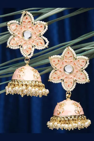 karatcart Women Peach-Coloured Dome Shaped Meenakari Jhumkas Earrings