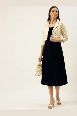 Ethnovog Women Navy Blue Velvet A-Line Made To Measure Dress with Jacket