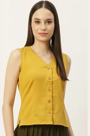 Molcha Women Mustard-Coloured Solid Cotton Long Saree Blouse