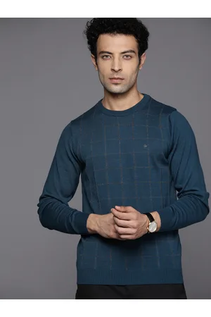 Louis Philippe Men Teal Blue & Charcoal Grey Checked Pullover