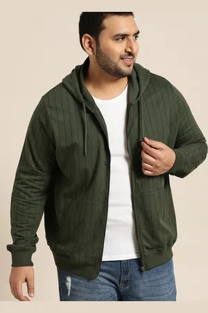Sztori Plus Size Men Olive Green Black Striped Hooded Sweatshirt
