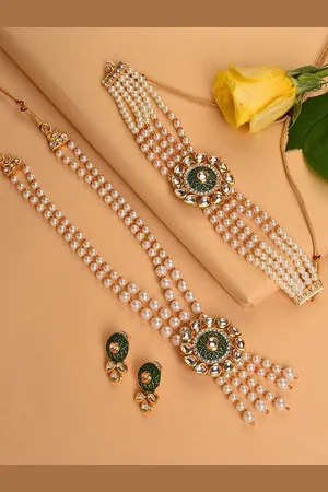 SOHI Gold-Plated White & Green Pearl Studded & Beaded Jewellery Set