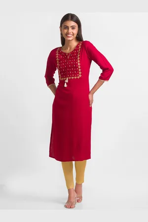 Globus Women Maroon Yoke Design Keyhole Neck Thread Work Kurta