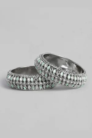 I Jewels Women Set of 2 Silver-Toned & Mint Green Stone Studded & Beaded Bangles