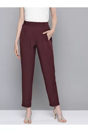 Sassafras Women Burgundy Pleated Trousers with Belt