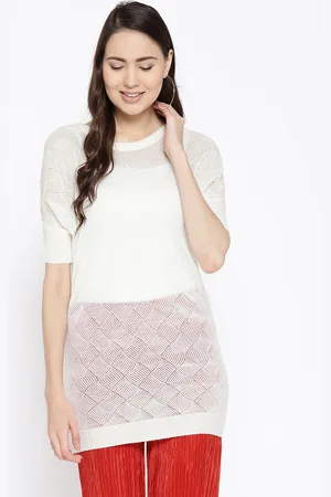 Cayman Women Off-White Self Design Fitted Longline Sheer Woollen Winter Top