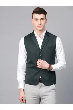 MANQ Men Green Solid Slim Fit Woven Formal Waistcoat