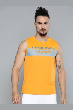Alcis Men Mustard Yellow Typography Printed Slim Fit Gym T-shirt