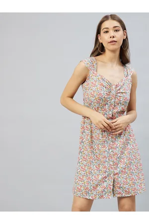 Rare Fashion Multicoloured Floral Sweetheart Neck Crepe A-Line Dress