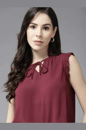 Roadster Maroon Tie-Up Neck Ruffles Top