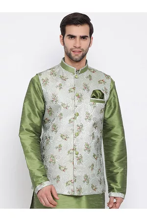 Vastramay Men Grey & Green Printed Woven Nehru Jacket