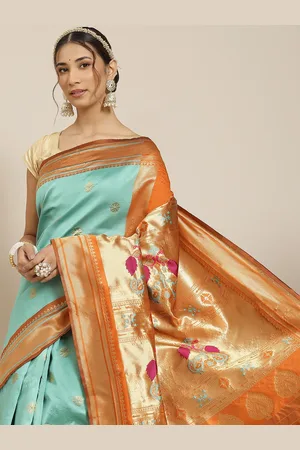 Warthy Ent Green & Orange Ethnic Motifs Zari Silk Blend Kanjeevaram Saree