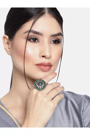 I Jewels Green & Silver-Toned Oxidised Rhodium Plated Kundan Meenakari Finger Ring