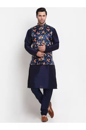 Kraft Men Navy Blue Kurta with Churidar & Printed Nehru Jacket