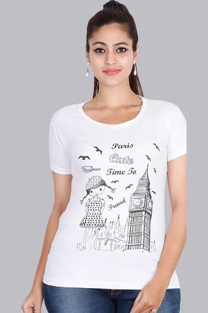 Fleximaa Women White Printed Round Neck T-shirt