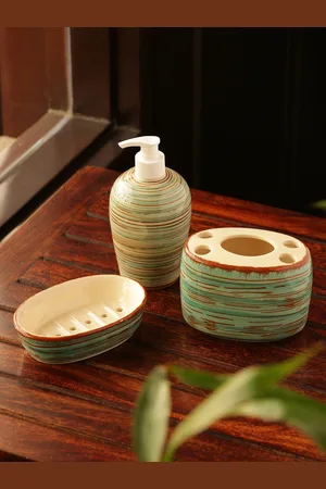 ExclusiveLane Handpainted Ceramic Bathroom Accessories Set (Set Of 3)